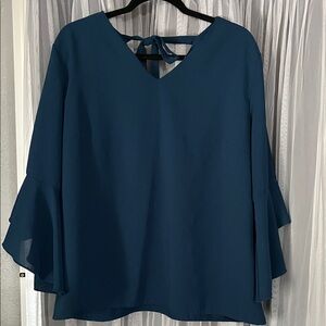 Women's Teal V-Neck Bell-Sleeve Blouse with Back Tie